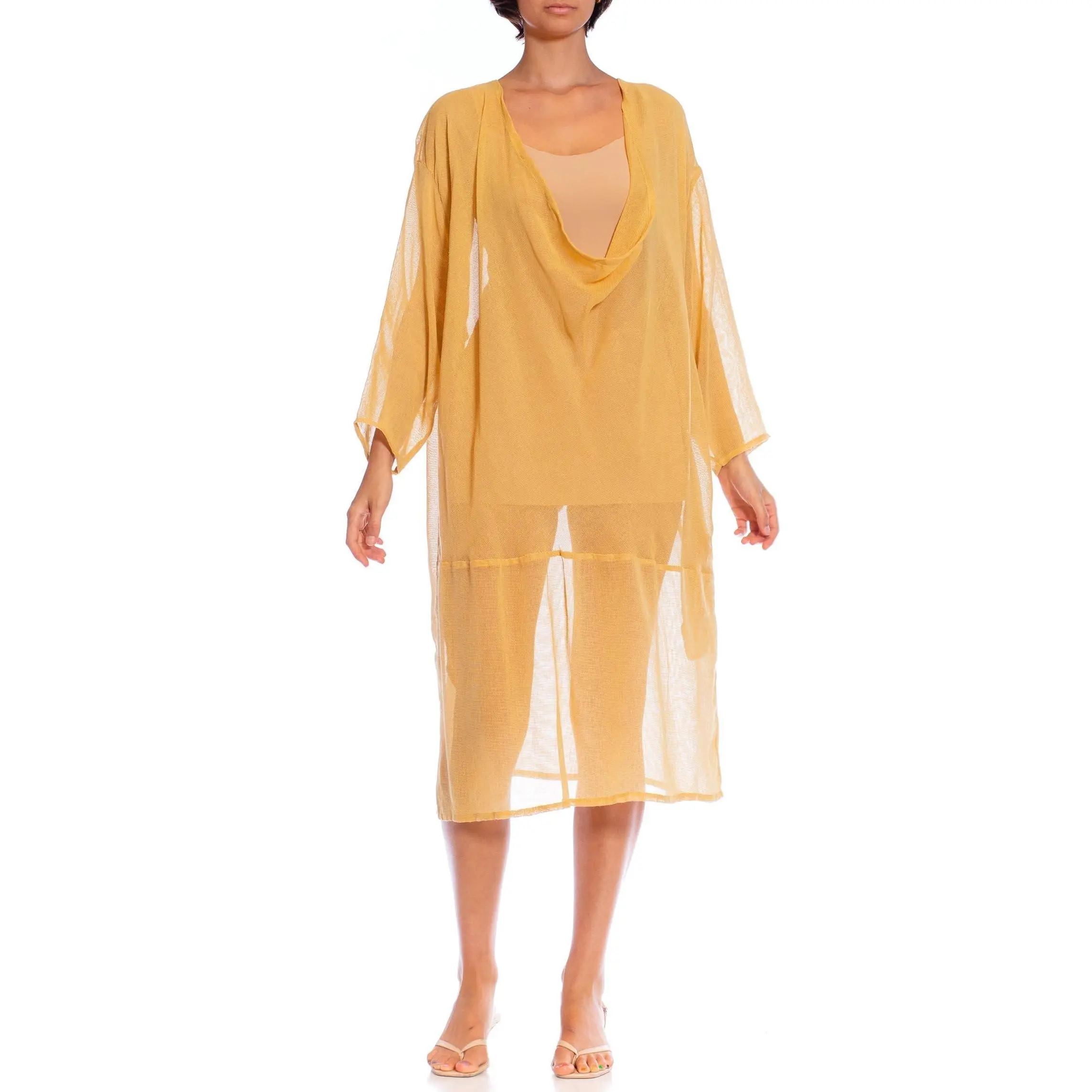 MORPHEW COLLECTION Mustard Yellow Cotton Blend Gauze Unisex Cowl-Neck Tunic Top