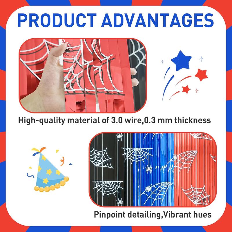 Spider Web Birthday Decorations 3 Pack - Spider Party Supplies 3.3x6.6ft with Pre-Strung Banner - Tinsel Foil Fringe Curtain Backdrop, Spidey Birthday Decorations with Red Blue Black Streamers for Boy