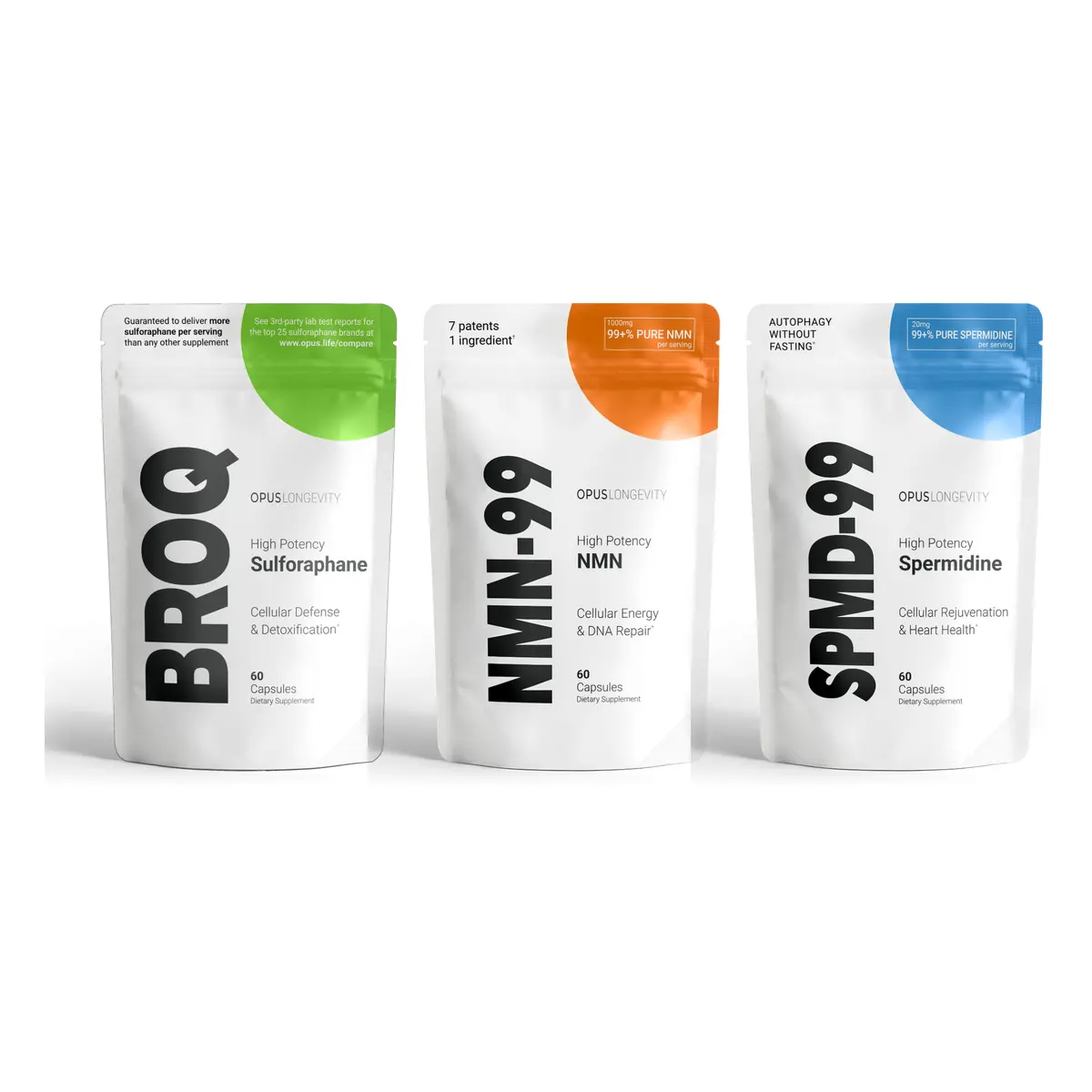 Sulforaphane, NMN & Spermidine Longevity Stack | BROQ Sulforaphane 25mg, NMN-99 Uthever NMN 1000mg & SPMD-99 Spermidine 20mg per Serving, 3 Pouches, 180 Capsules, Third-Party Tested, Made in USA