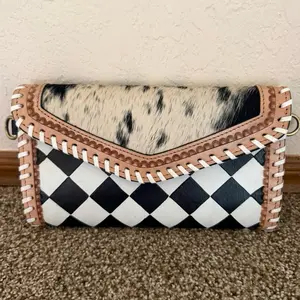 Checkered and Cowhide Crossbody Wallet with Unique Design and Practical Storage
