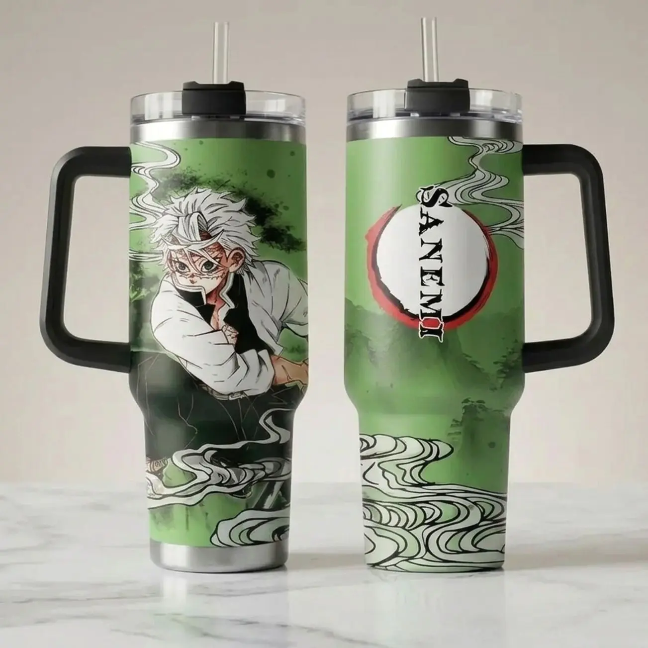 Sanemi Shinazugawa Inspired 20oz/30oz/40oz Stainless Steel Tumbler with Handle – Wind Hashira Double Wall Vacuum Insulated Travel Mug, Demon Slayer Anime Fan Gift