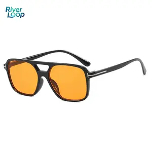 Double Bridge Aviator Sunglasses, Black Frame, Orange Lens, UV400 Lightweight Retro Sunglasses, Black & Orange, For Men & Women Viral 90s Style Pilot Sunglasses, UV Protection, All Face Shapes Sports glasses