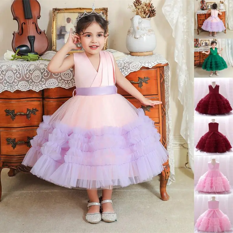 2-7Y Puffy Tulle Tutu Dress Kids Clothes 2095 Flower Girls Ball Gown Pageant Performance Frock Children Elegant Princess Prom Host Birthday Formal Evening Party Banquet Dresses for All Season