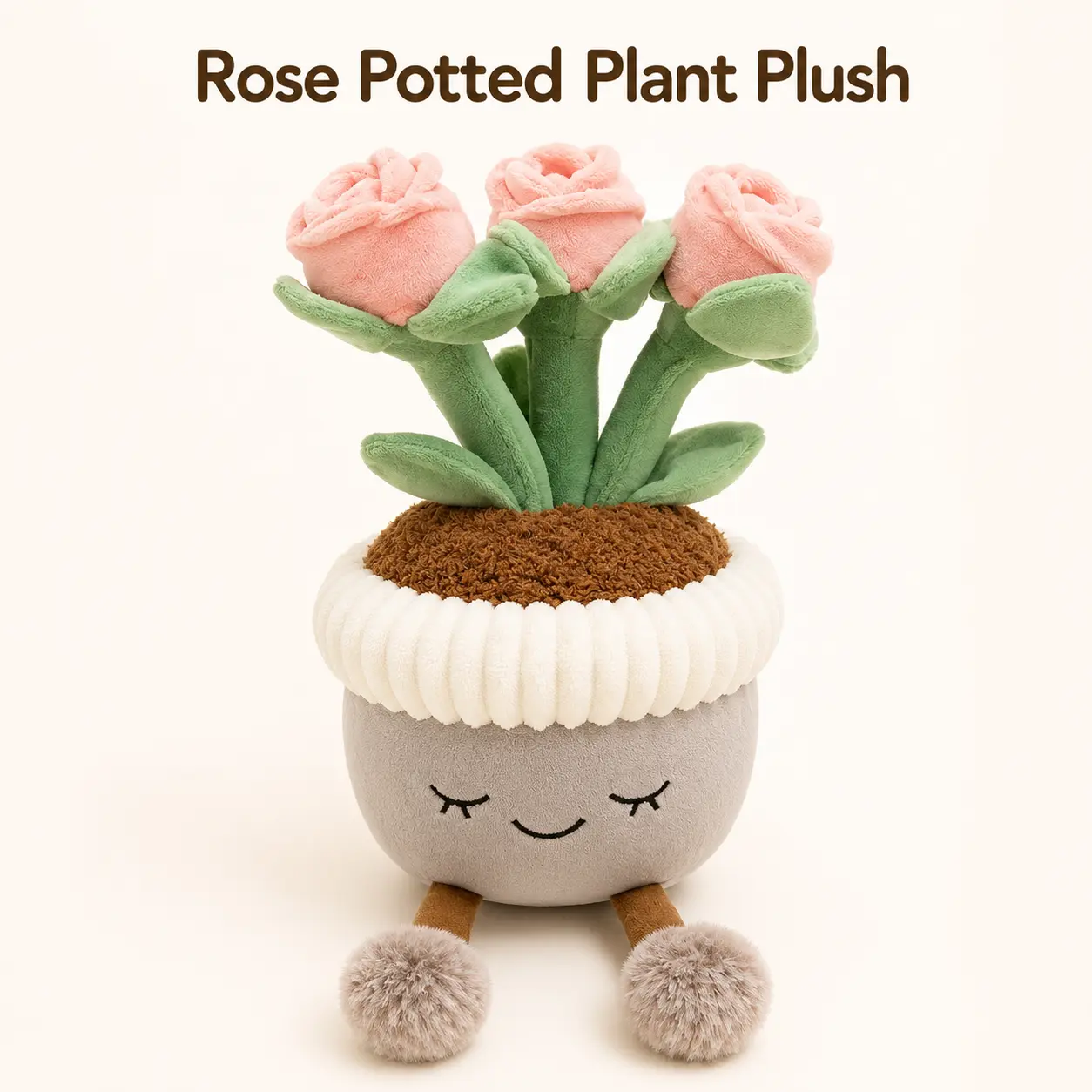 30cm Rose Potted Plant Plush Toy, Cute No-Water Flower Pot Doll, Soft Desk Decor with Pom-Pom Feet, Cozy Gift for Plant Lovers