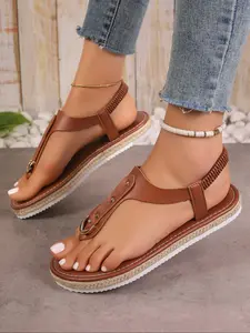 Women's Fashionable Studded Decor Toe Thong Sandals, Casual Versatile Thick Sole Slip-on Flat Sandals for Summer, Lightweight Breathable Comfortable Non-slip Slingback Shoes for Daily Wear, PU Leather Sandals