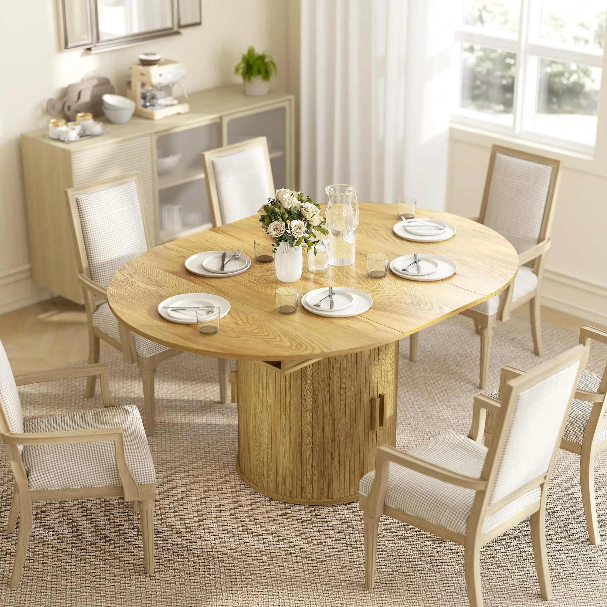HOMCOM 43.3" to 59" Extendable Round Dining Table for 4-6, Farmhouse Transformer Dining Room Table with Removable Leaves, Circle Kitchen Table with Sliding Doors, Kitchen, Living Room