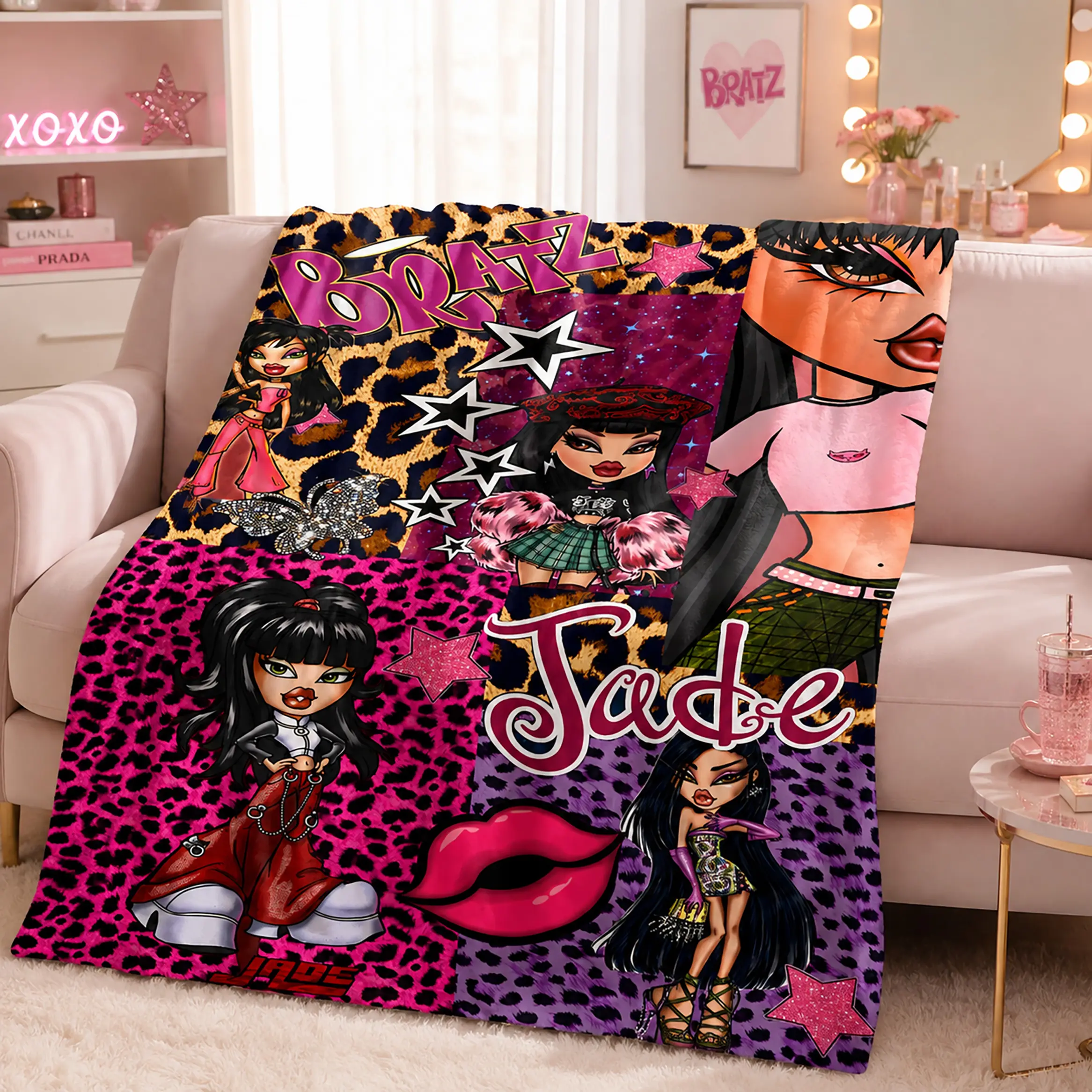 Bratz Throw Blanket Ultra Soft Flannel Y2K Doll Graphic Blanket Warm Cozy Lightweight Plush Blanket for Bedroom Living Room Sofa Dorm Office Travel Camping All Season Home Decor Gift for Teen Girls Women Bratz Fans
