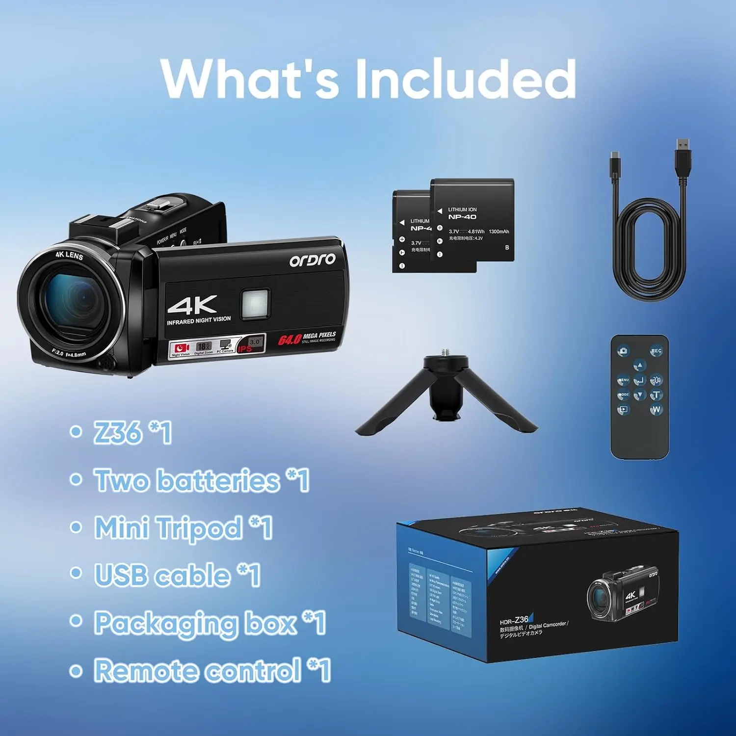 ORDRO Z36 Camcorder 4K, 64MP Vlogging Camera with 18X Digital Zoom
