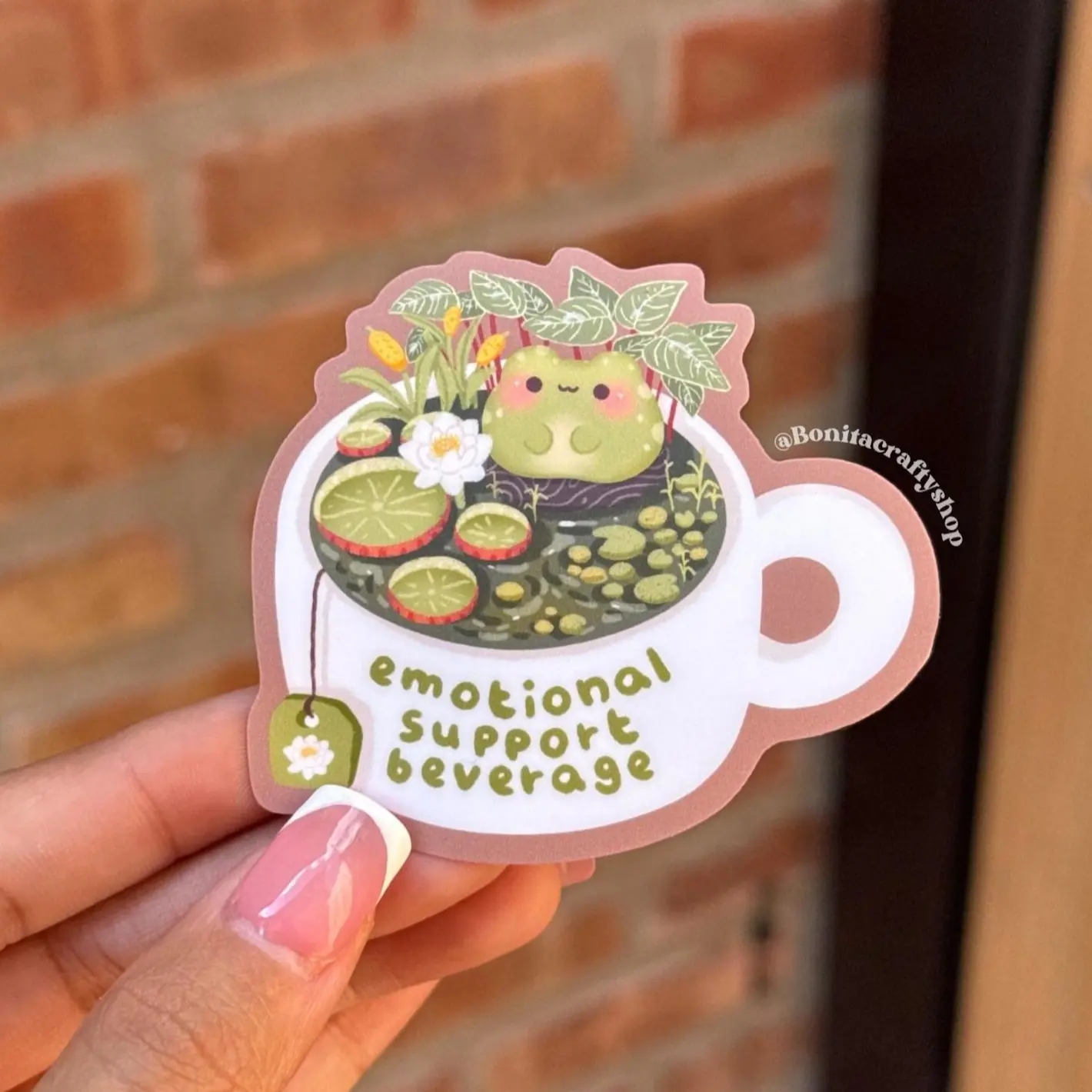 Emotional Support Beverage Sticker – Kawaii Frog in Teacup Matte Waterproof Vinyl Decal for Laptops, Journals & iPads