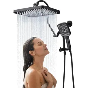 13 Inch Rainfall Shower  with Multi-Function Handheld Sprayer Combo, 3-Way Metal Extended Diverter with Holder and Metal Adjustable Curved Shower Extension Arm, Extra Long Hose Matte Black