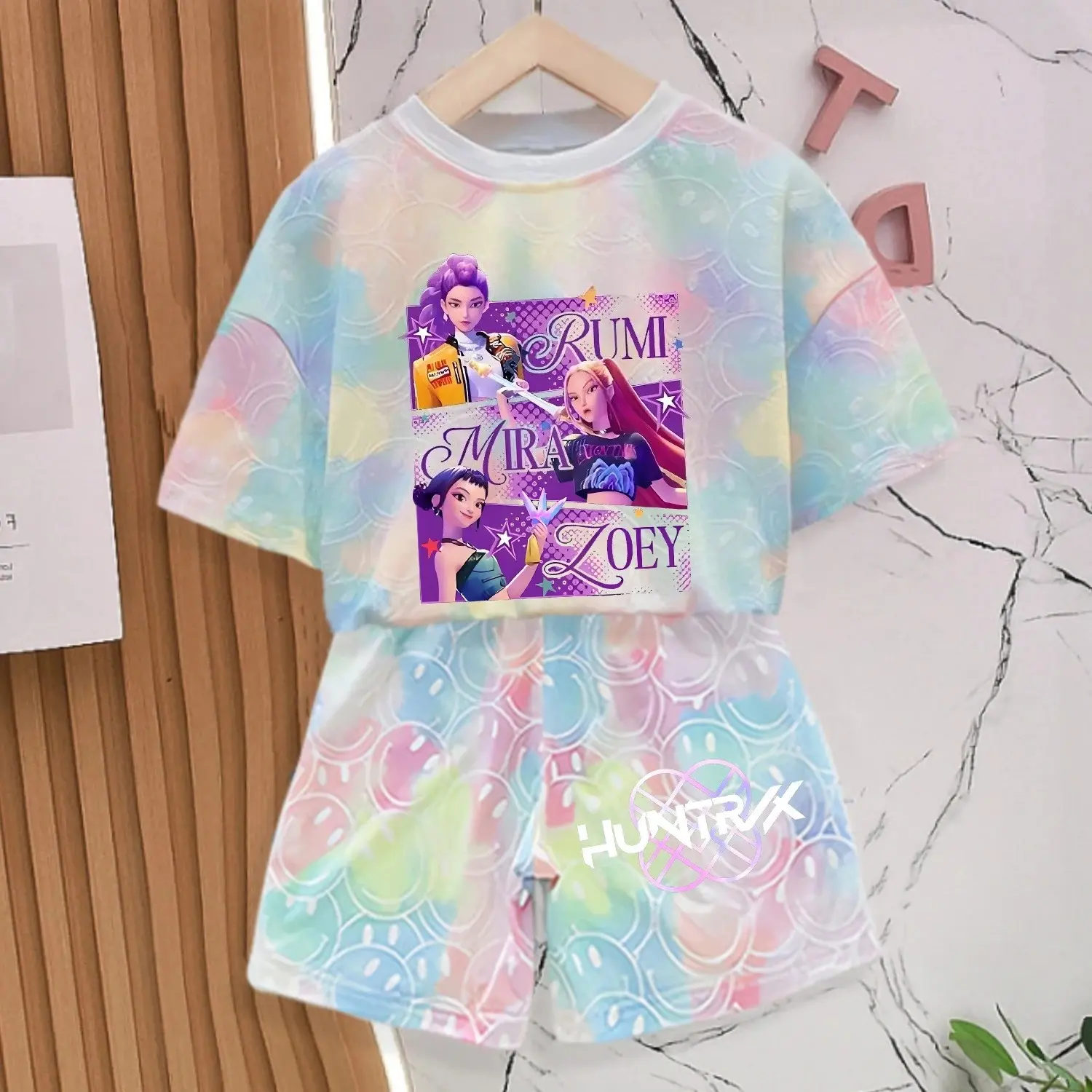 T-shirt Pants Set Girls Summer Clothing Kawaii Smile Face Short Sleeve Outfits Kids Tee Top Pajamas Gift