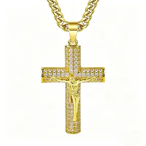 14k Gold-Plated Cross Necklace Oxidation-Resistant Cuban Chain Featuring Rhinestone Crucifix Pendant 24-Inch Length Christian Religious Jewelry Gift Cuban link chain necklace Gold-Plated Jesus Crucifix Necklace