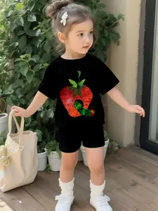Black background strawberry caterpillar children's suit digital printed 100% polyester baby short-sleeve set, cute casual clothing for baby girls, suitable for daily and outdoor sports T-shirts, a perfect gift for infants and toddlers