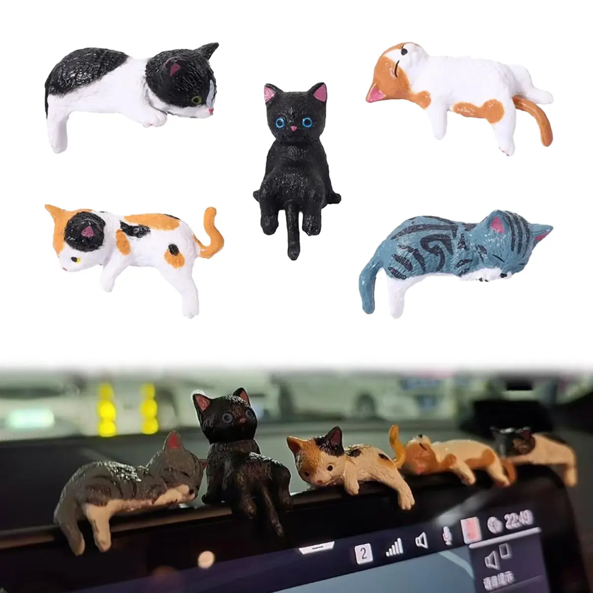 5-Piece Adorable Compact Synthetic Mini Cat Figurines, Car Interior Decorations, Car Dashboard/Rearview Mirror Accessories, Funny Party Gift for Desk Decor, Figurine Set