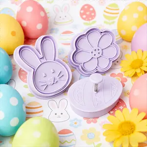 Easter Cookie Cutters Set, 3PCS 3D Plunger Stamp Biscuit Molds with Bunny, Egg & Flower, Non-Stick Plastic Cookie Cutter Baking Tools for Fondant, Cookies, Pastry, Bread & Spring Easter Baking