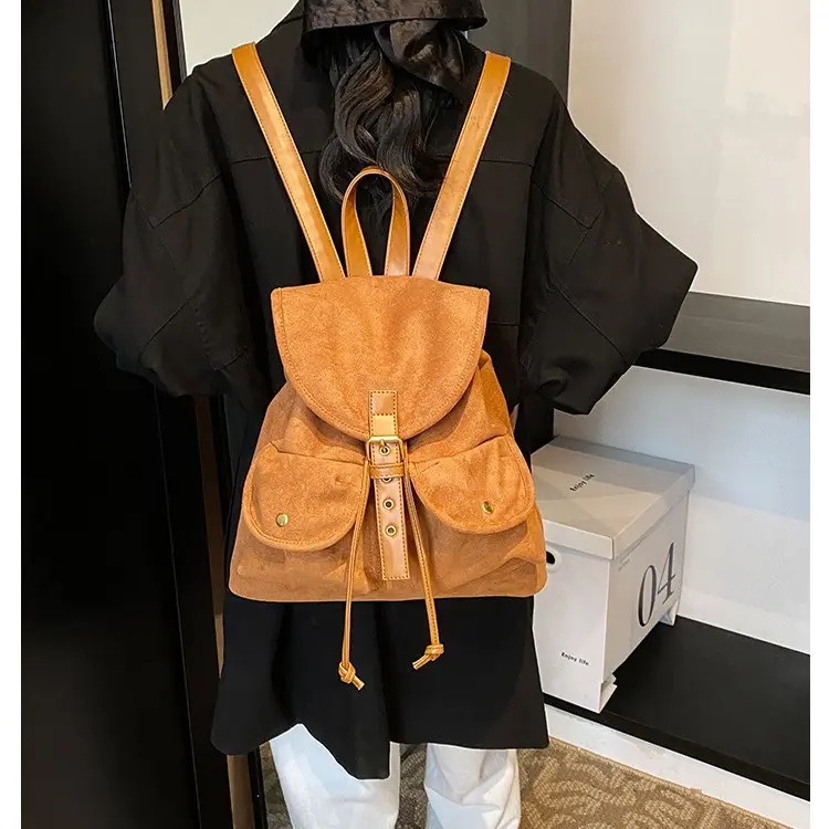 Retro suede backpack for women, new commuter large-capacity backpack, college style women's small school bag