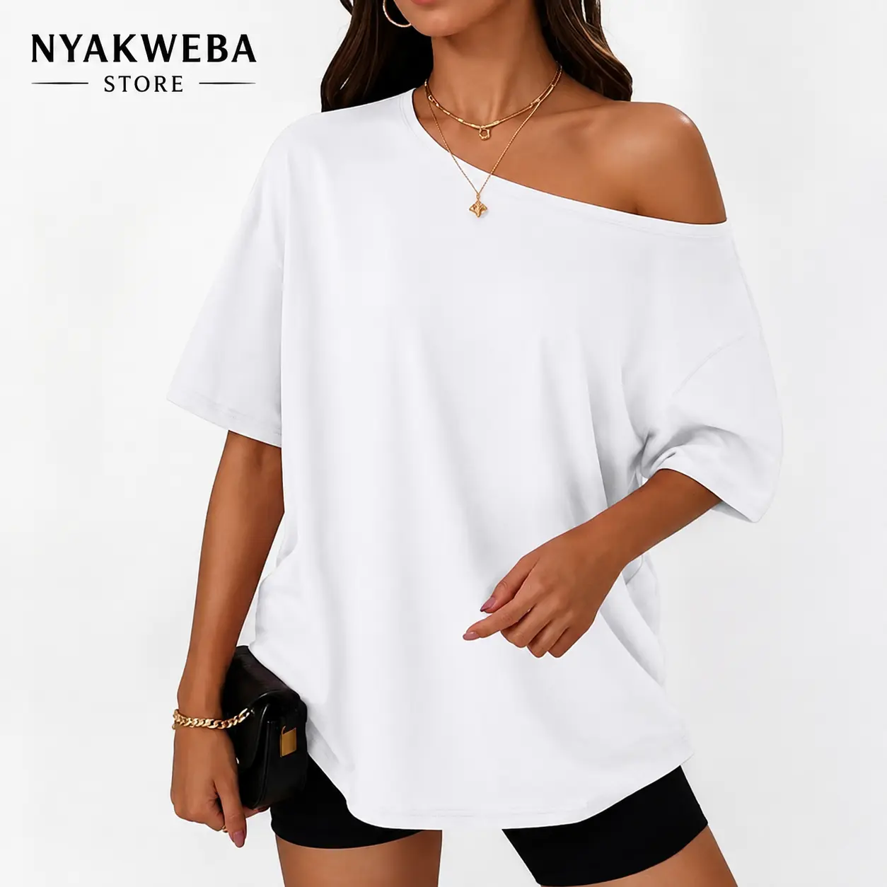 NYAKWEBA Women's Off the Shoulder Oversized T-Shirt – Loose Fit Short Sleeve Summer Tee for Y2K Streetwear, Workout & Going Out