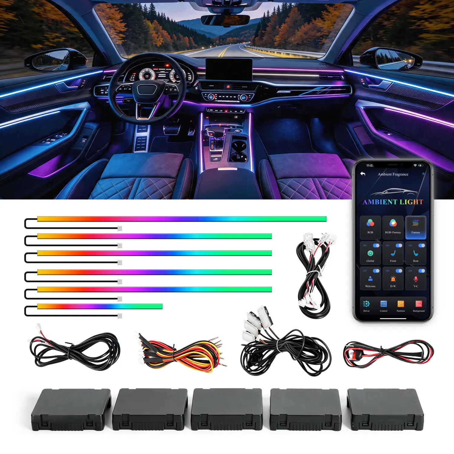 Multifunctional  RGB Car LED Atmosphere Light Strip Car Accessories - Music Sync, Dynamic Interior Ambient Lighting, App/Button Control, 5V-12V Universal Fit for Trucks, SUVs, 18 Modes