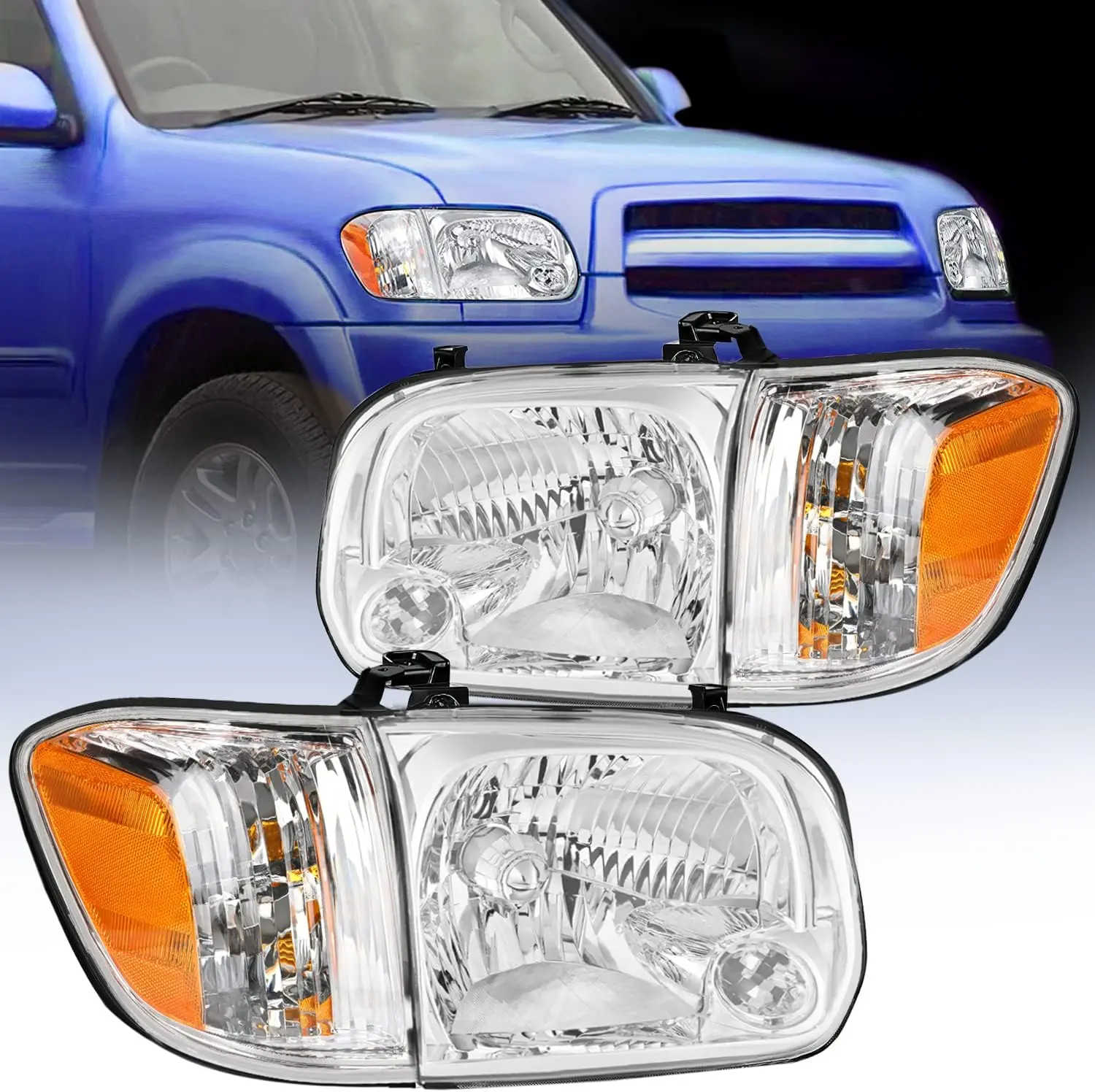 Nilight Automotive Beam Headlight Assembly for 2005-2006 Toyota Tundra 4-Door Double Crew Cab Truck, 2007 Sequoia - Chrome Housing, Amber Reflector, Driver & Passenger Sides, Car Lighting, IP65, Salt-Spray Ready, Metal Reflectors
