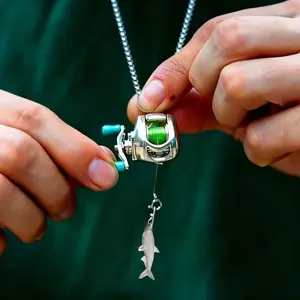 Unisex Mini Fishing Reel Necklace Pendant and Ring Set Premium Metal Angler Jewelry Outdoor Fisherman Novelty Charm Accessory Everyday Wear Father's Day Gift