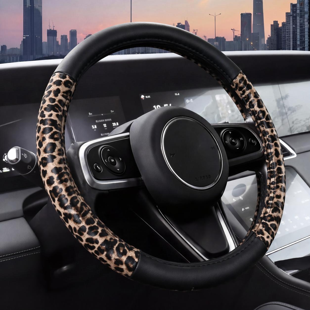Leopard Print Car Seat Covers Front Seats Set, PU Leather Universal Fit Seat Protector with Steering Wheel Cover, Floor Mats, Seat Belt Pads & Cup Mats, Stylish Auto Interior Accessories for Cars SUV Truck