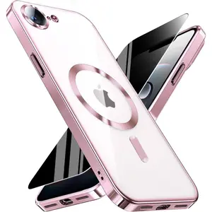 for iPhone 16e Case with Privacy Screen Protector & Full Camera Cover,[Non-Yellowing] Plating Glossy Soft Shockproof Clear Phone Case with MagSafe Women Girls for 16 e,Pink