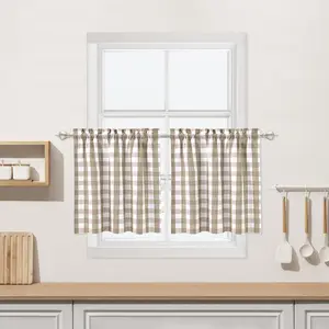 Beige Buffalo Plaid Cafe Curtains Farmhouse Tiers Kitchen Curtain 24 Inches Long Flax Rustic Gingham Check Small Window Short Drapes for Kitchens Bathroom 28" x 24" Beige Set of 2
