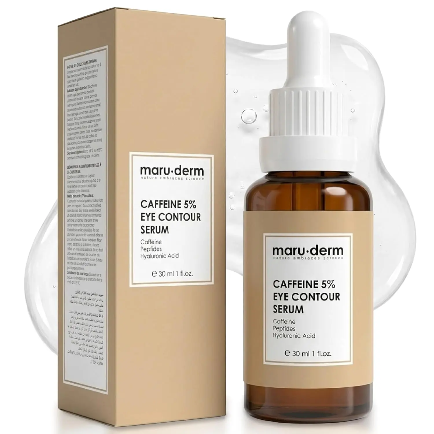 Maruderm Caffeine 5% Eye Contour Serum with Peptides & Multi-Weight Hyaluronic Acid — De-Puffing, Brightening & Hydrating Eye Care, 1.0 fl. oz. (30 ML)