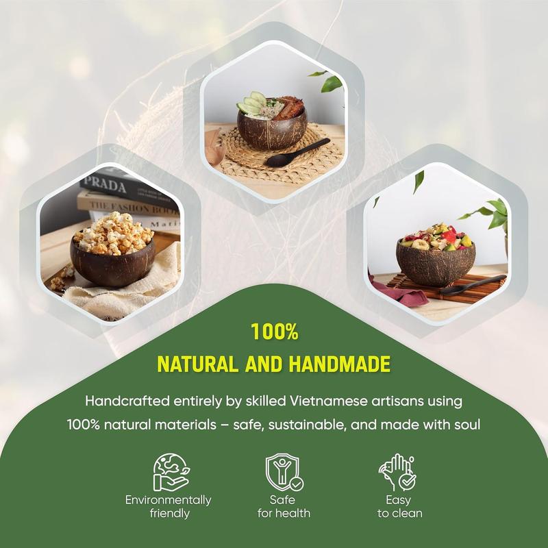 Coconut Bowl with Wooden Spoons and  Straw - Vegan , Made from   Coconut Shells for Smoothies, Acai & Buddha Bowls (4, Leaf)