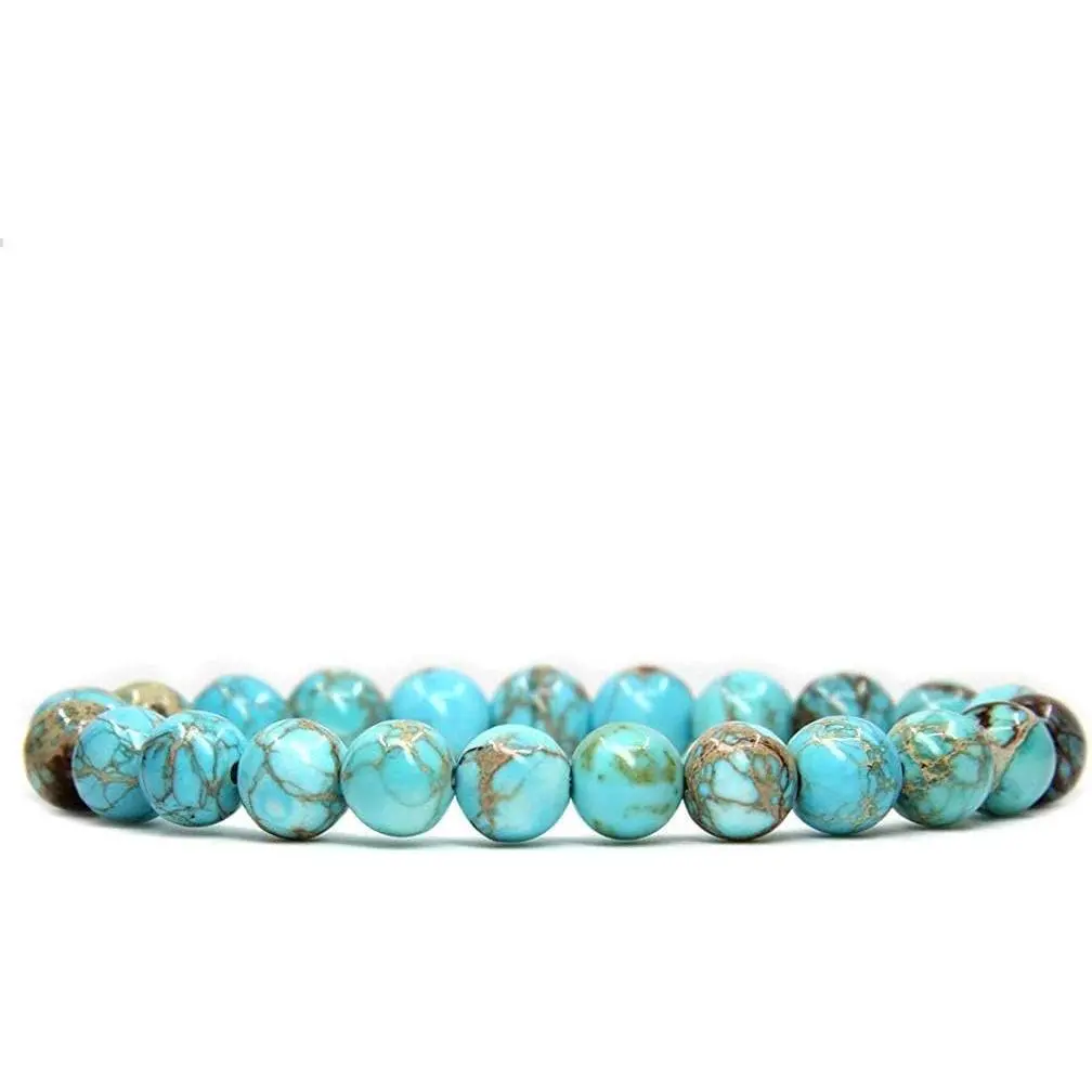 Beaded Bracelet with Natural Sea Sediment Jasper, 8mm Simple Round Gemstone Beads, Handmade Unisex Stretch Jewelry, 7 Inch, Beaded Bracelets, Handmade Beads Style