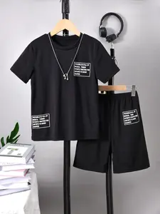 Kikofendy Boys' Round Neck Short Sleeve T-Shirt Set, Youth Kits, Elastic Waist Shorts, Casual Trendy Street Style, Kids Fashion Ensemble