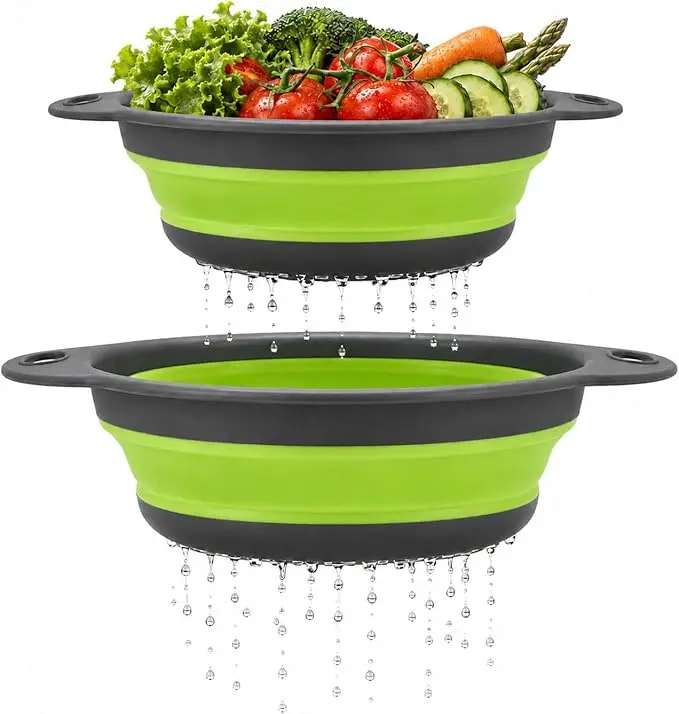 Green Silicone Foldable Draining Basket - Collapsible Colander with Holes, Kitchen Utensils for Fruit Veggie Pasta Washing, Quick-Drain Strainer, Small Home Organizer Storage Basket Gift for Women, Utensils For Kitchen