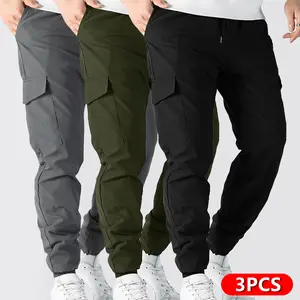 Men’s 3-Pack Cargo Pants, Elastic Waistband, Real Pockets, Versatile Sport/Outdoor Minimalist Straight-Leg Long Pants