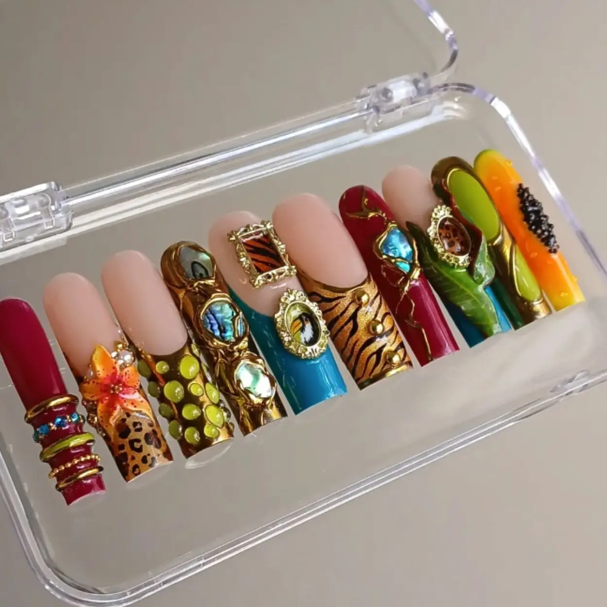Luxury Safari Glam Press-On Nails, Tiger Stripe Leopard Print Design, Peacock Feather Gem Accent, Tropical Green Red Gold Chrome Details, Handmade Statement Nails