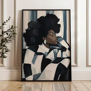 Black Woman Print, Feminine Energy Art, Contemplative Afro Woman Portrait, Abstract Modern Wall Art, Expressive Printable