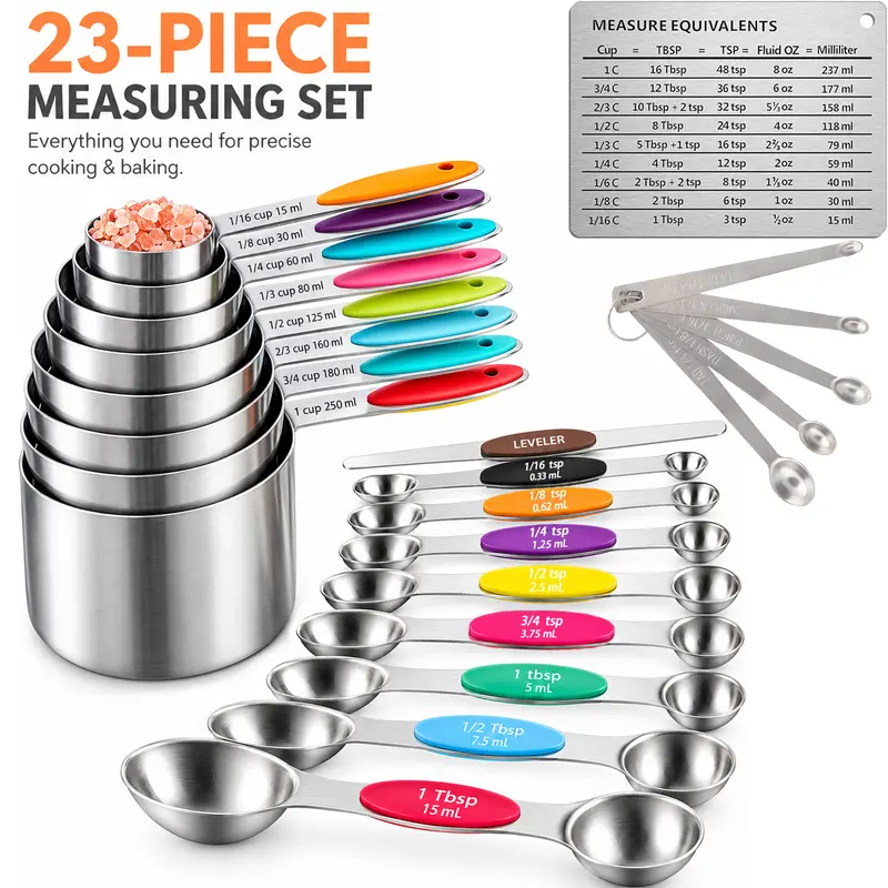 LKCSXH 17/23-Piece Stainless Steel Measure Cups and Spoons Family-Size Set - Resists Everyday Wear, Full Measure Range, Kitchen Gadget for Baking & Cooking with Refrigerator Sticker & Mini Micronutrient Spoon