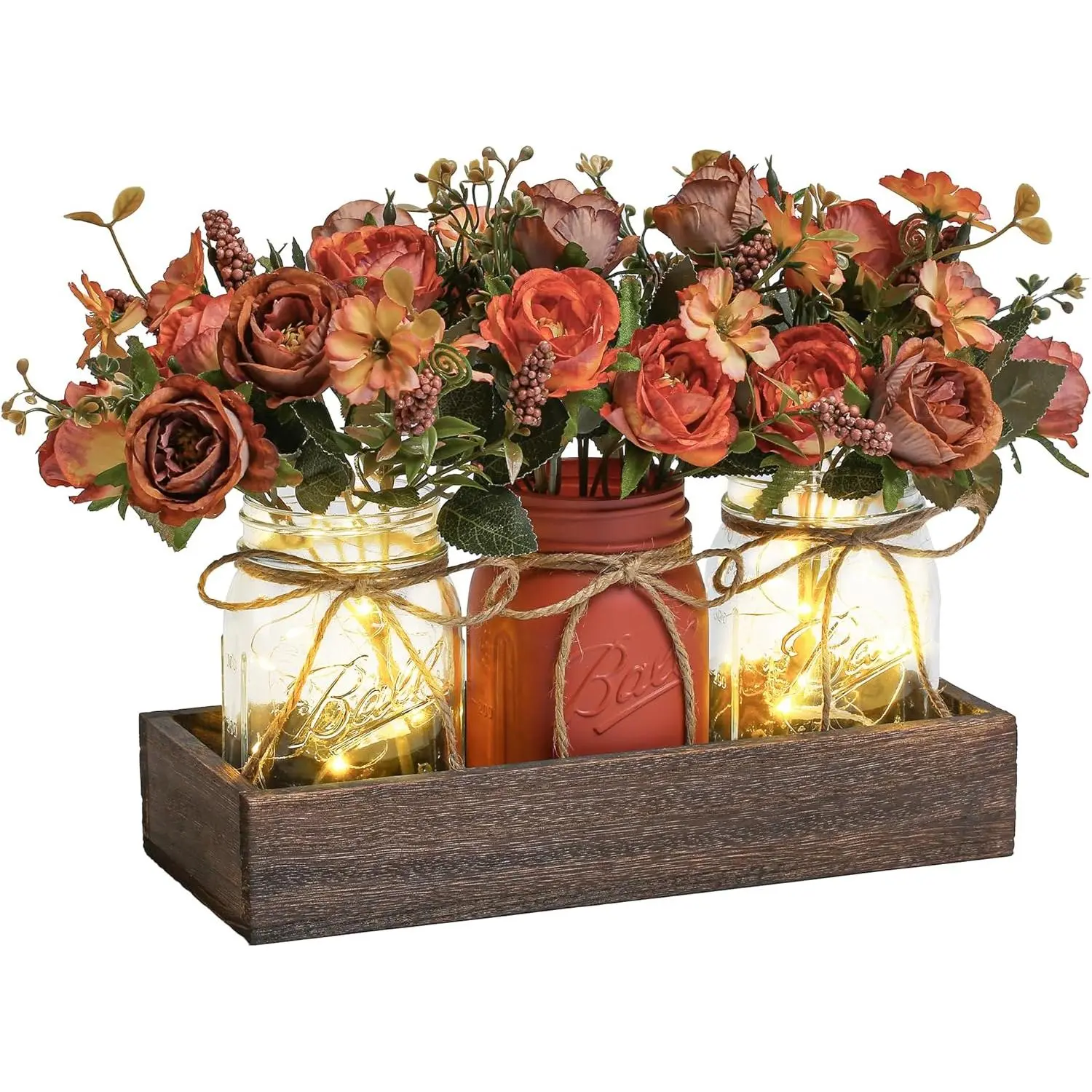 3 Pcs Jar Centerpiece Table Decorations for Dining Table Decor Farmhouse Coffee Table Decor with Wood Tray and Led Light Table Centerpieces for Dining room Living,Orange| Rustic Farmhouse Decor for Home  Accents Counter Decor Dining Room Living,Orange
