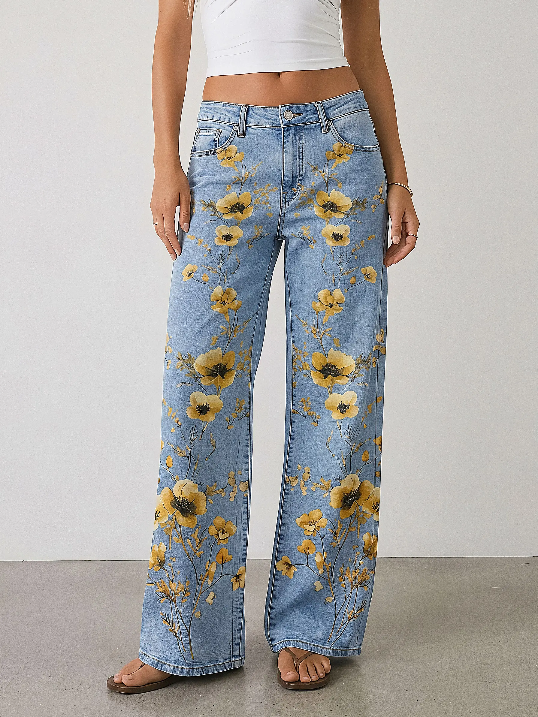 Light Wash Floral Print Wide Leg Jeans Y2K High Waisted Denim Pants Yellow Flower Graphic Women Baggy Straight Leg Aesthetic Casual Outfit