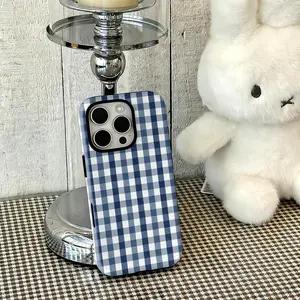 Blue Stripe Plaid Phone Case, Gingham Phone Collage Case Cover Compatible for iPhone 17 16 15 14 13 12 Pro Max, Samsung S25 24 Ultra