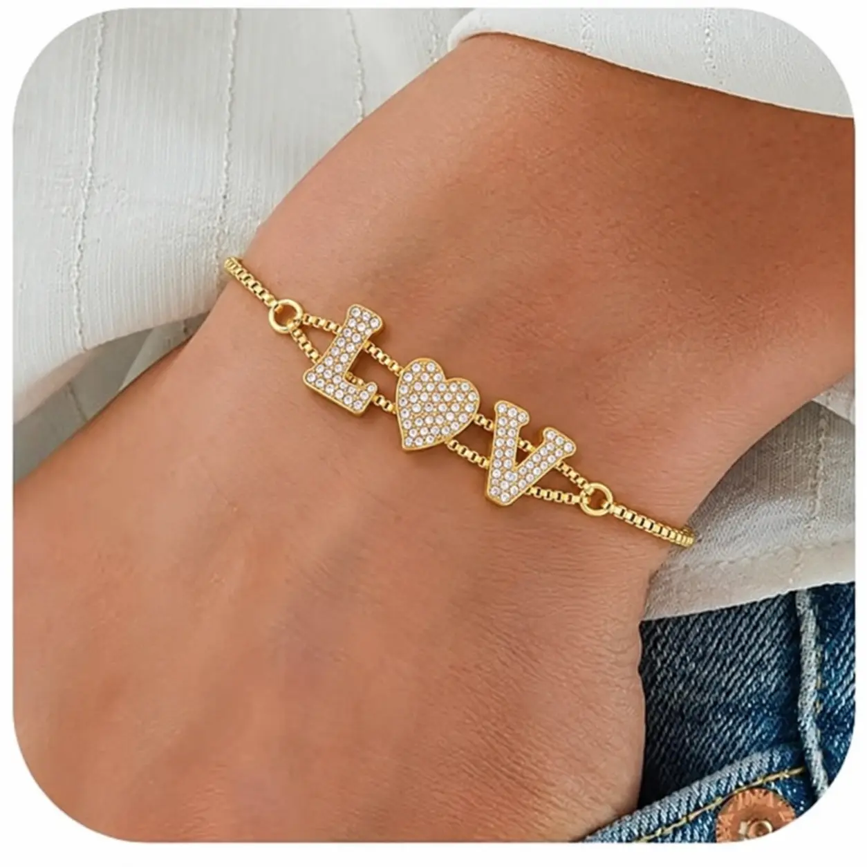 Women's Custom 2-Letter Initial Heart Bracelet - Sparkling CZ, Metal Coating, Adjustable Band, Casual Everyday Wear, Gold Costume Jewelry Gift for Her
