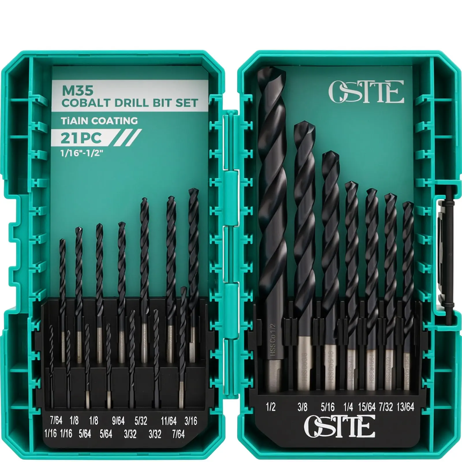 21Pcs M35 Cobalt Drill Bit Set (Pro), 1/16"-1/2", TiAlN Coat, 3-Flats Shank | 135° Split Point, Jobber Twist Metal Drill Bit Set with Storage Case, for Hardened Metal & Stainless Steel, Wood & Plastic