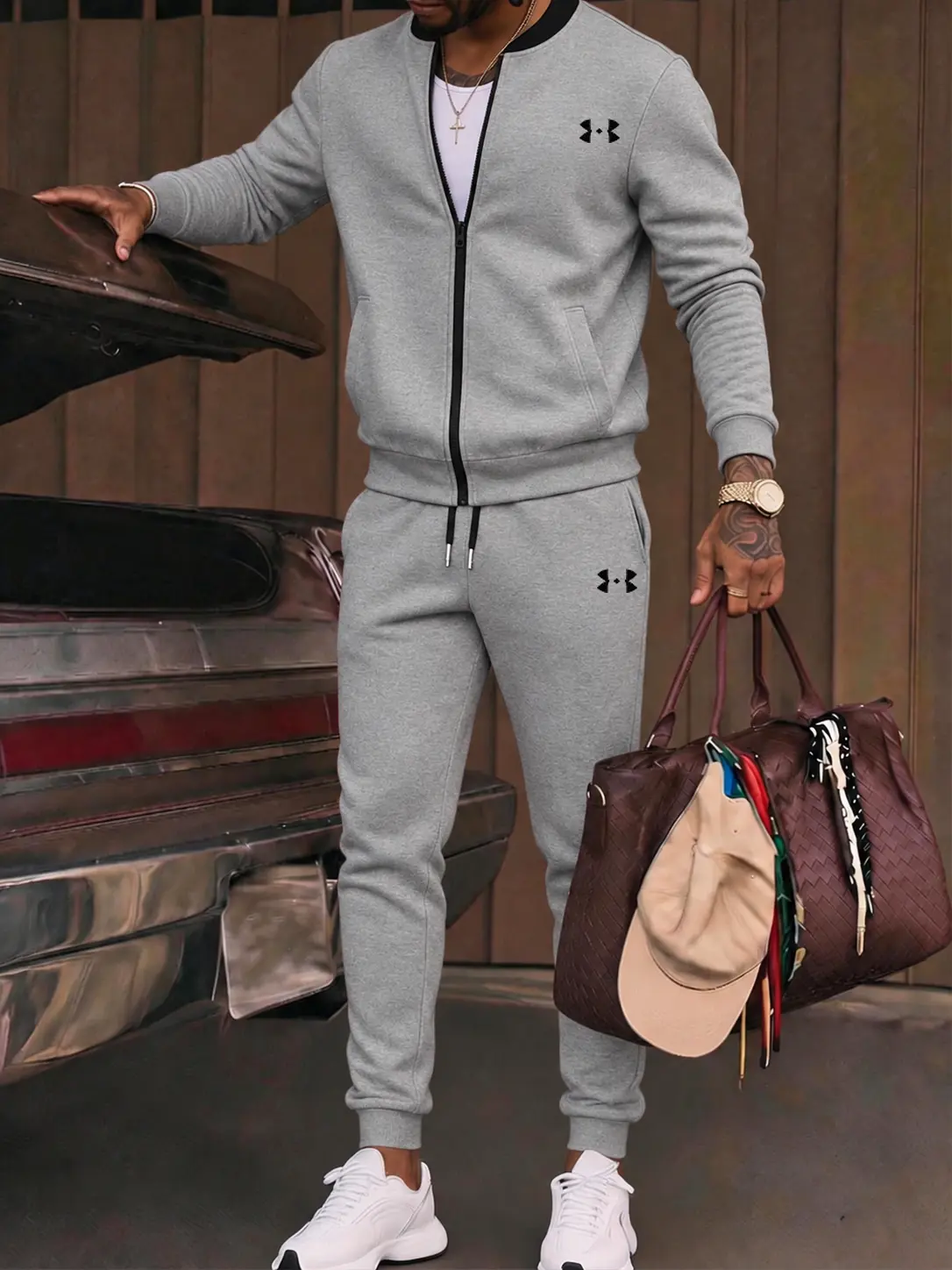 Men’s multicolor zip-up baseball-collar athletic set featuring a streetwear-brand printed casual sweatshirt and jogger sweatpants, two-piece American street-style outfit for fitness and running