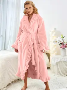 One piece with waistband, large pocket, flannel women's extended warm nightgown, ruffled edge bathrobe