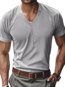 Men's Vertical Striped V-Neck Short Sleeve Shirt, Menswear, Skin-Friendly Breathable Fit, American Luxe Style, Spring Summer Commute Casual Top