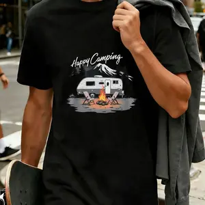 Happy Camping Vintage Camper Mountain Tee - 100% Cotton Short Sleeve T-Shirt, Super Soft Breathable Crew Neck Graphic Top for Outdoor Adventure, Summer Travel, Skateboard Style Casual Wear