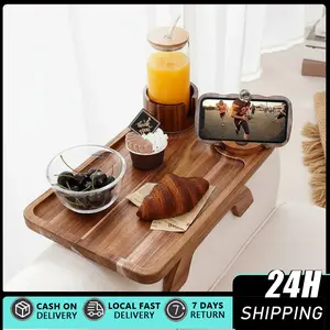 Wooden 3-in-1 Clamp-On Couch Cup Holder Tray, 15.36"x9.85" Sofa Armrest Tray Table with 360° Rotatable Phone Holder, Anti-Slip Pads for Armrest & Desktop Use