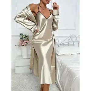 Good [Comfortable Relaxed Fit Pajama Set] Women’s Elegant Silky Pajama Set with Contrasting Piping, Long-Sleeve Robe and Slip Dress, Comfortable Relaxed Fit