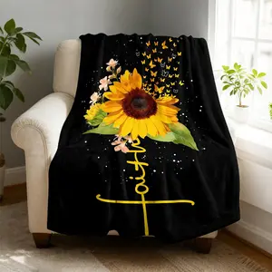 Butterfly Sunflower Flannel Blanket Super Soft Cozy Throw Blanket Throwch, Lightweight Fuzzy Comfy Textured Flannel Blanket Warm Plush Throw Blankets for Couch, Sofa, Bed