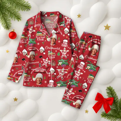 Women's Glossy Satin Thick Elastic Print Breathable Griswold Nightwear Set - Clark Griswold Santa Design, Christmas Tree Farm Theme, Matching Family Pajamas