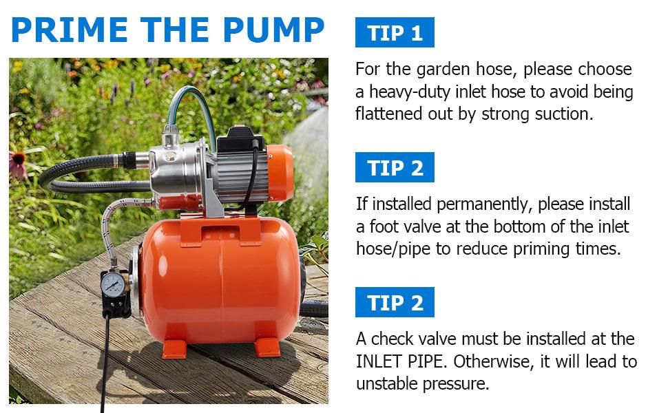 GARVEE 1HP Shallow Well Pump with Pressure Tank, Stainless Steel, 115V Irrigation Pump, Automatic Water Booster Jet Pump for Home, Garden, Lawn